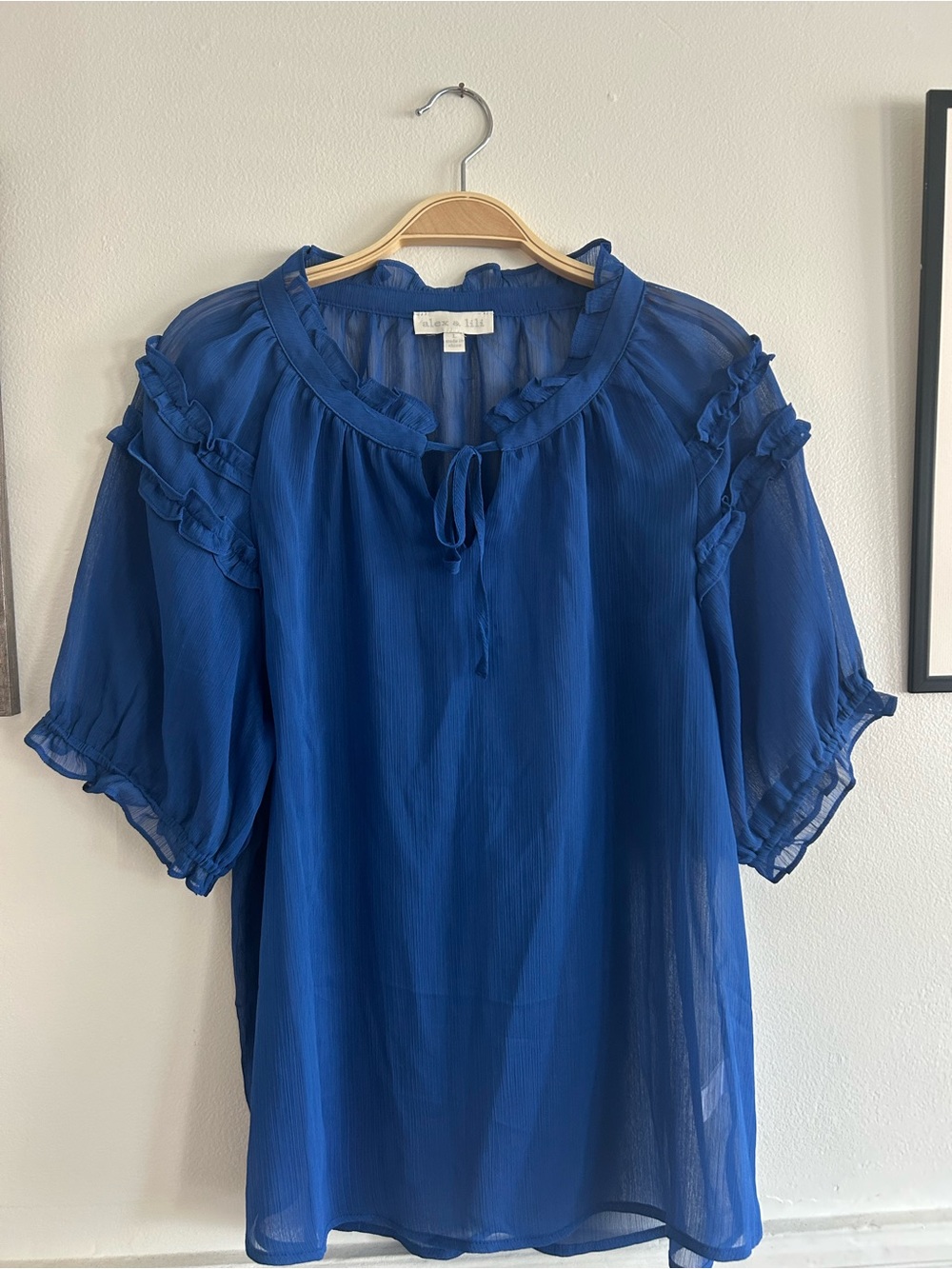 Alex& Lily Cobalt Blue Ruffled Tie-Front Semi-Sheer Blouse